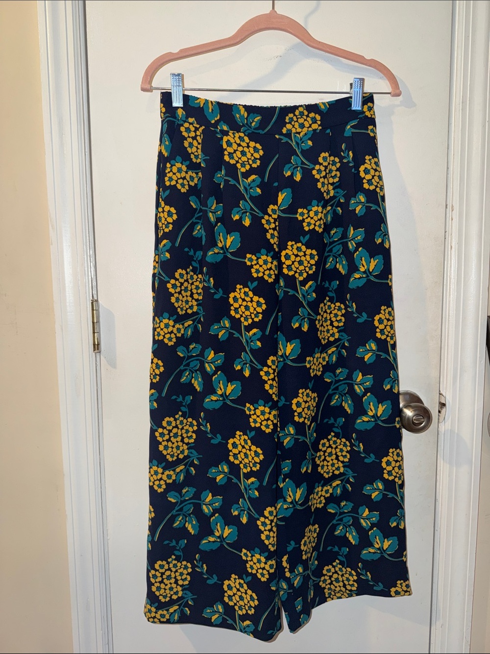 J. Crew Navy Wide-Leg Cropped Pants with Yellow & Teal Floral Print